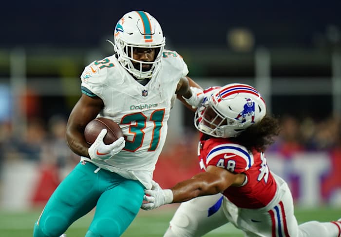 Dolphins running back Raheem Mostert carried 18 times for 121 yards and two touchdowns to help Miami beat the Patriots in Week 2.